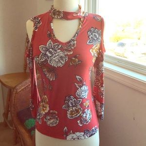 Peach And Floral Long Sleeve Cold Shoulder Top